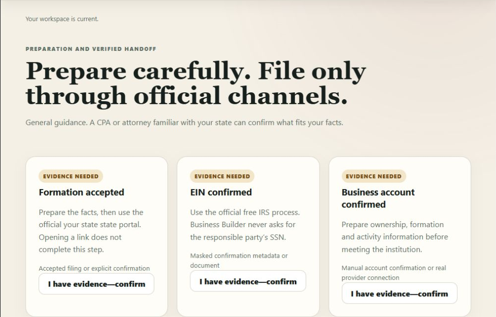 Business Builder formation workspace with evidence checkpoints and official filing handoffs