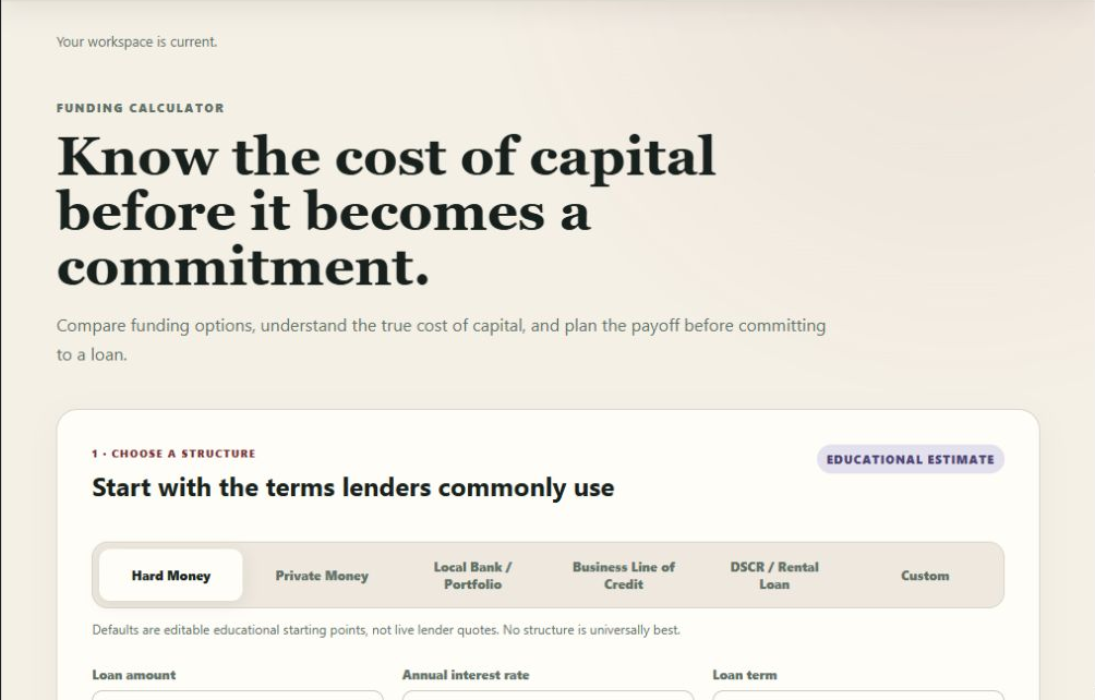 Business Builder funding calculator comparing common capital structures and estimated costs