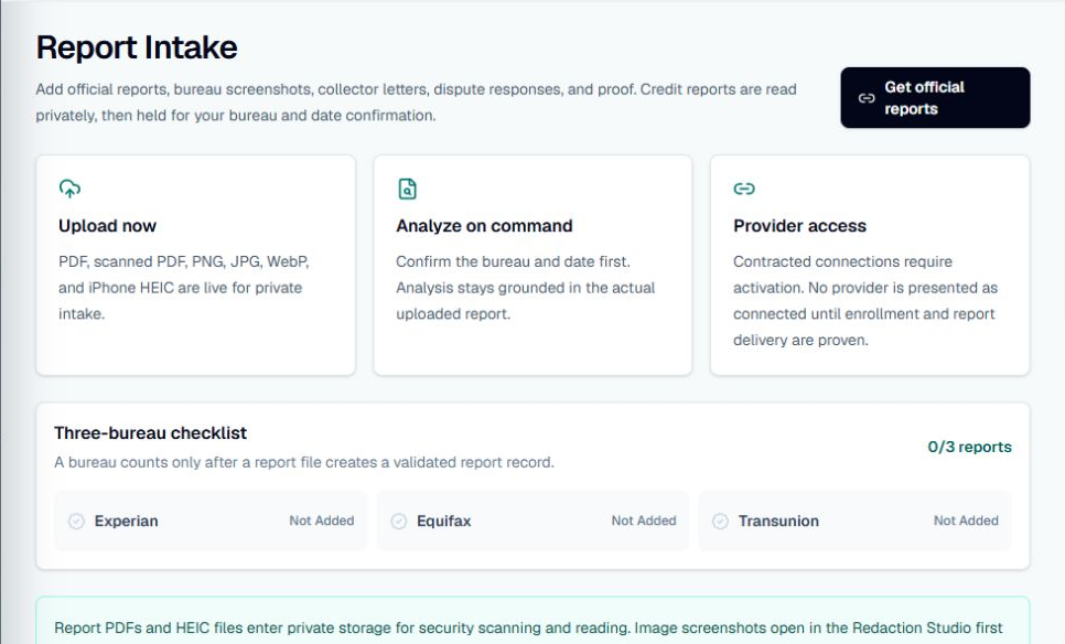 Credit Medic report intake with private upload options and a three-bureau checklist