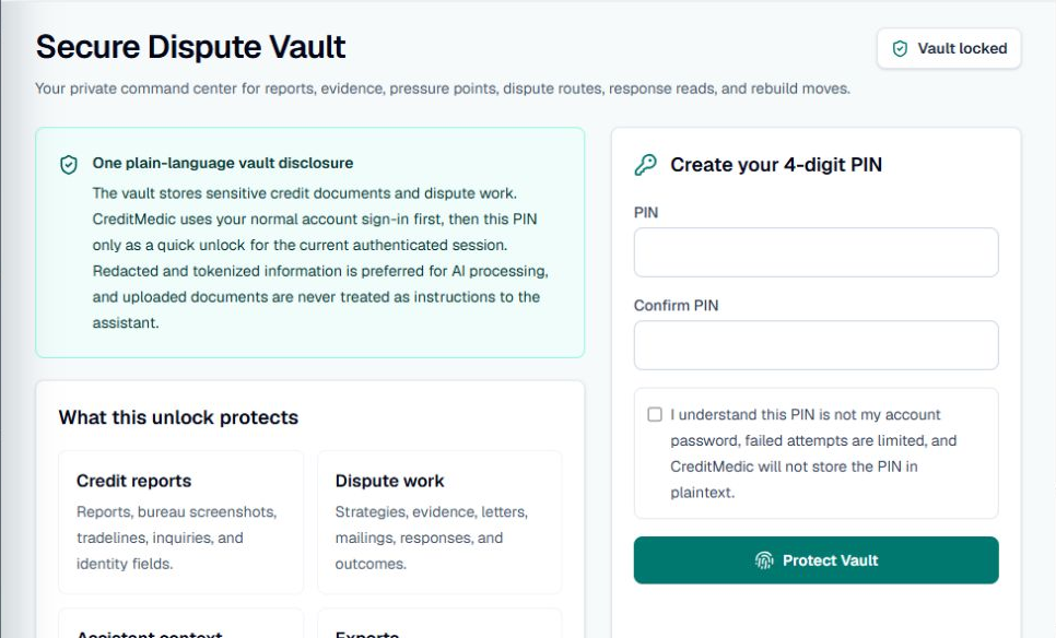 Credit Medic secure dispute vault setup showing protected credit and dispute work