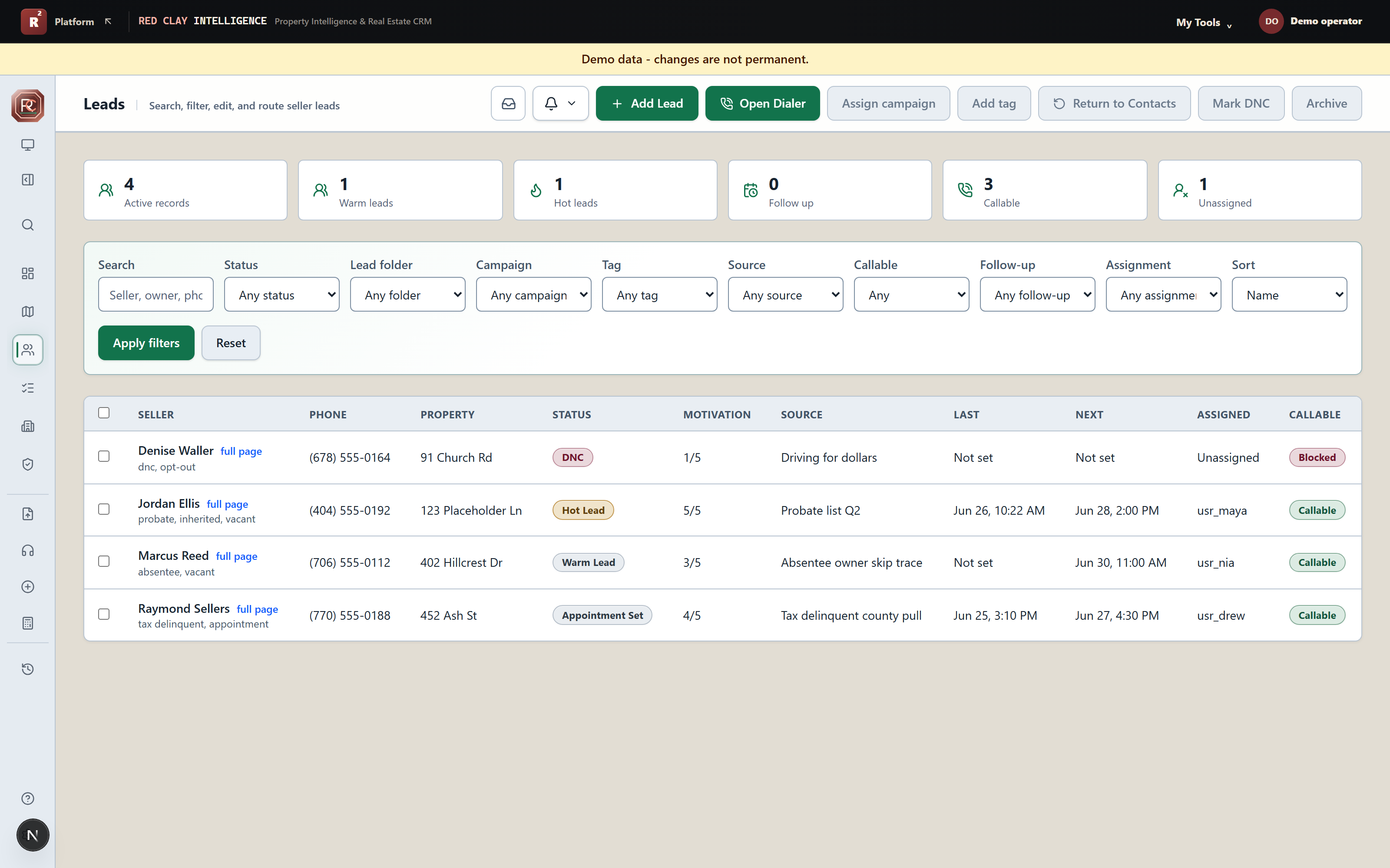 Red Clay's lead pipeline with property, motivation, source, follow-up, assignment, and contact status visible together