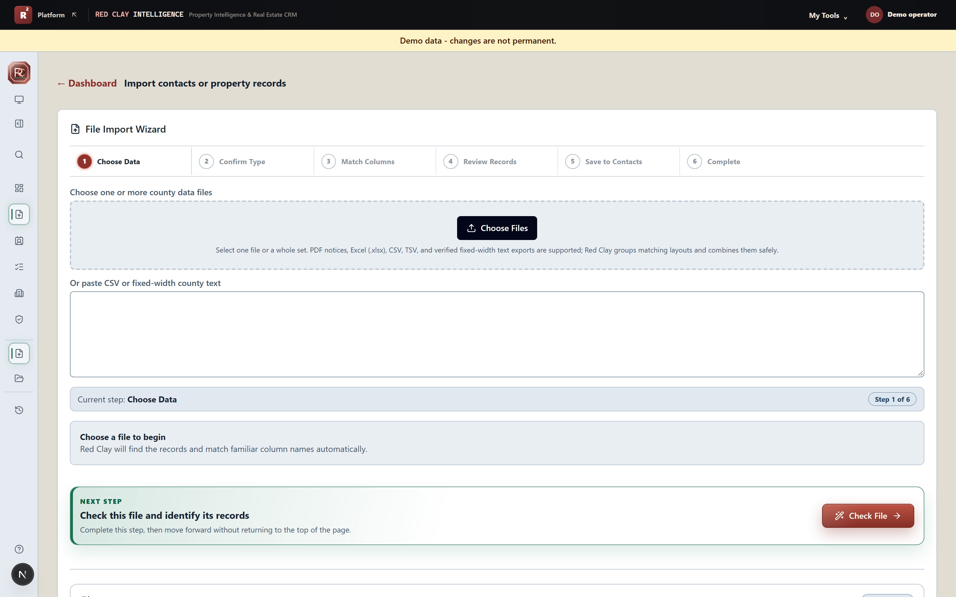 Red’s DataDigger workspace for importing and reviewing supported county property records